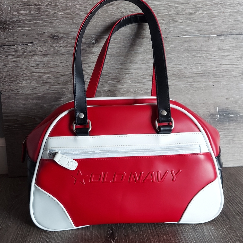 Vintage 2000 Old Navy Color Block Pleather Bowling Style Bag Red, White, Black
